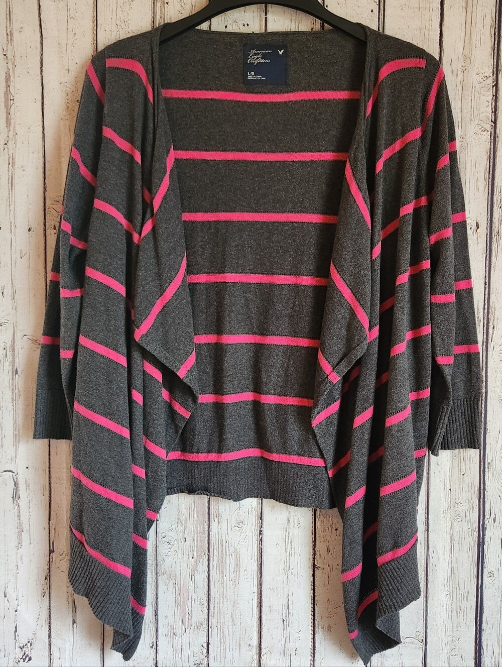 Y2K American Eagle Pink Striped Open Front Waterfall Cardigan Sweater
